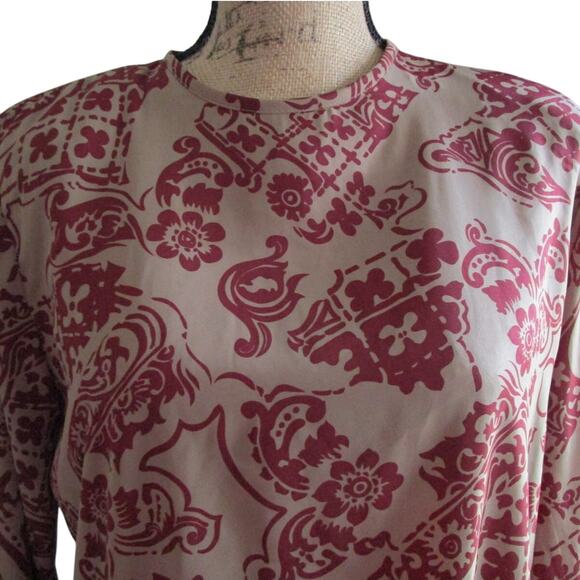 Vintage 80s 90s New Editions Taupe Maroon Abstract Blouse Size L Long Sleeve - Picture 3 of 15